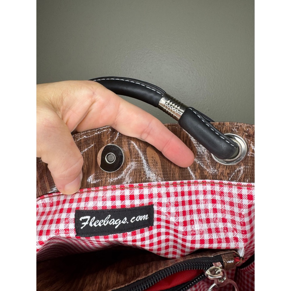 Fleebags Brown‎ Wood Grain Glossy Tote Bag Gingham Lining Shoulder Bag - Picture 2 of 4